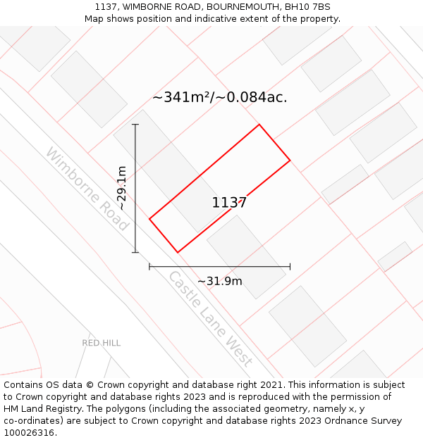 1137, WIMBORNE ROAD, BOURNEMOUTH, BH10 7BS: Plot and title map