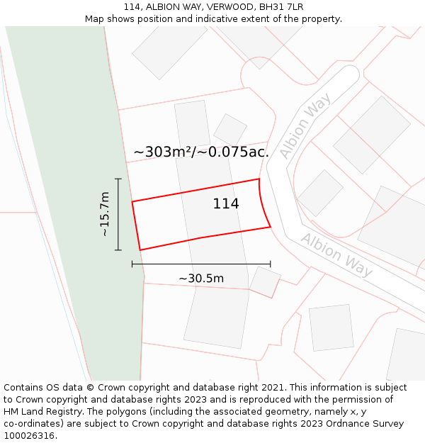 114, ALBION WAY, VERWOOD, BH31 7LR: Plot and title map