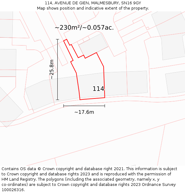 114, AVENUE DE GIEN, MALMESBURY, SN16 9GY: Plot and title map