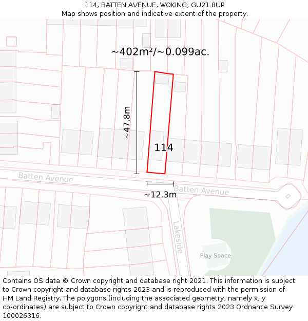 114, BATTEN AVENUE, WOKING, GU21 8UP: Plot and title map