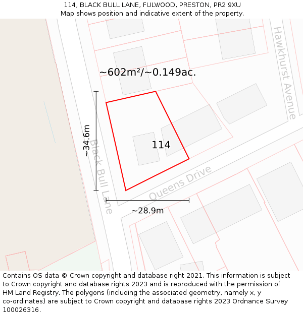 114, BLACK BULL LANE, FULWOOD, PRESTON, PR2 9XU: Plot and title map