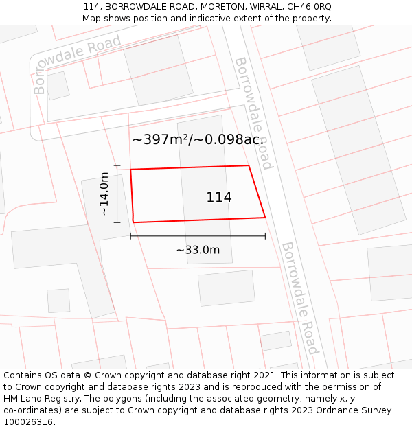 114, BORROWDALE ROAD, MORETON, WIRRAL, CH46 0RQ: Plot and title map