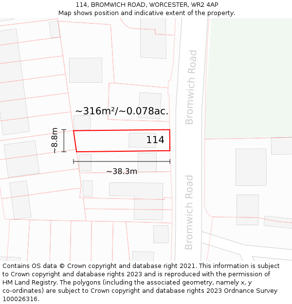 114, BROMWICH ROAD, WORCESTER, WR2 4AP: Plot and title map