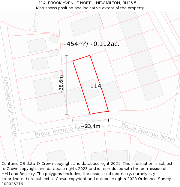 114, BROOK AVENUE NORTH, NEW MILTON, BH25 5HH: Plot and title map