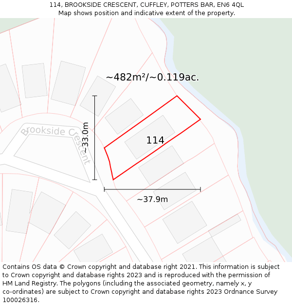 114, BROOKSIDE CRESCENT, CUFFLEY, POTTERS BAR, EN6 4QL: Plot and title map