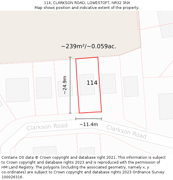 114, CLARKSON ROAD, LOWESTOFT, NR32 3NX: Plot and title map