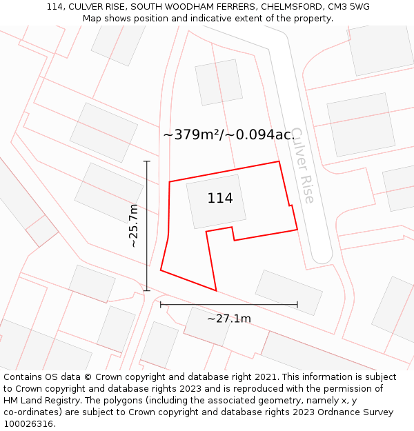 114, CULVER RISE, SOUTH WOODHAM FERRERS, CHELMSFORD, CM3 5WG: Plot and title map