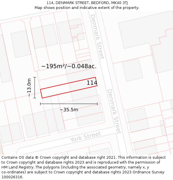 114, DENMARK STREET, BEDFORD, MK40 3TJ: Plot and title map