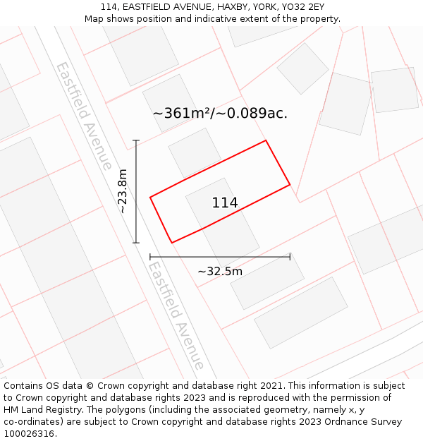 114, EASTFIELD AVENUE, HAXBY, YORK, YO32 2EY: Plot and title map