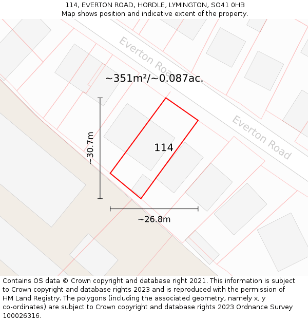 114, EVERTON ROAD, HORDLE, LYMINGTON, SO41 0HB: Plot and title map