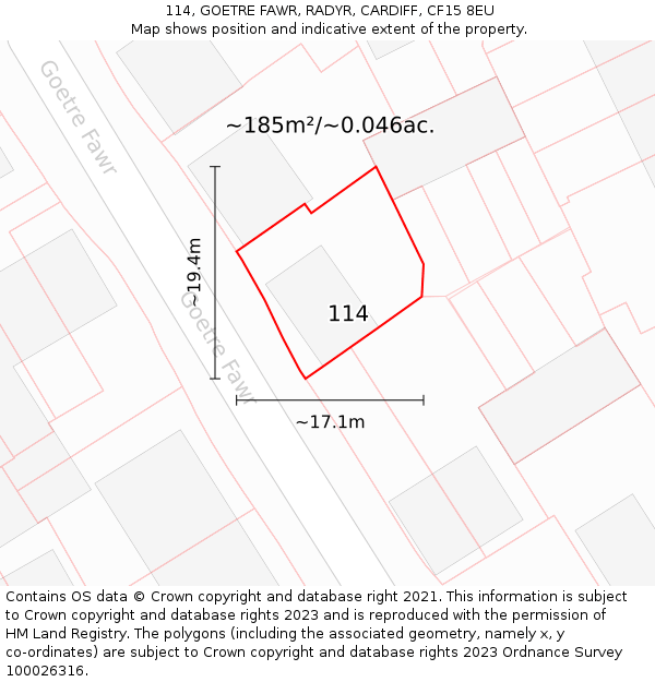 114, GOETRE FAWR, RADYR, CARDIFF, CF15 8EU: Plot and title map