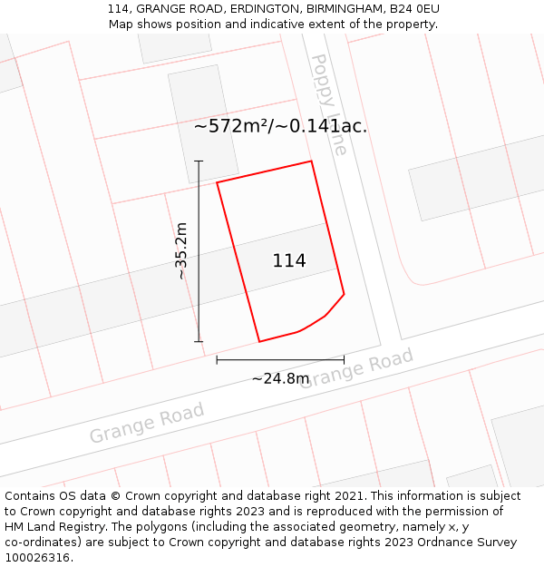 114, GRANGE ROAD, ERDINGTON, BIRMINGHAM, B24 0EU: Plot and title map