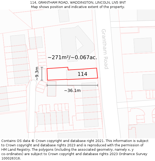 114, GRANTHAM ROAD, WADDINGTON, LINCOLN, LN5 9NT: Plot and title map