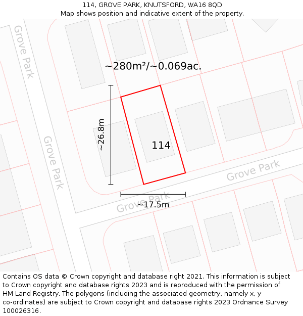 114, GROVE PARK, KNUTSFORD, WA16 8QD: Plot and title map