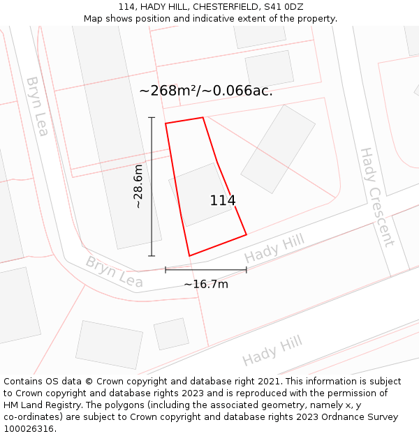 114, HADY HILL, CHESTERFIELD, S41 0DZ: Plot and title map