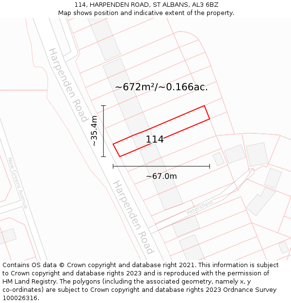 114, HARPENDEN ROAD, ST ALBANS, AL3 6BZ: Plot and title map