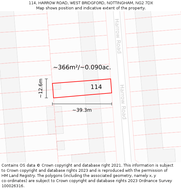 114, HARROW ROAD, WEST BRIDGFORD, NOTTINGHAM, NG2 7DX: Plot and title map