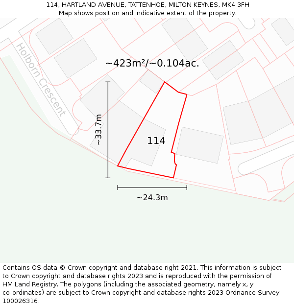 114, HARTLAND AVENUE, TATTENHOE, MILTON KEYNES, MK4 3FH: Plot and title map