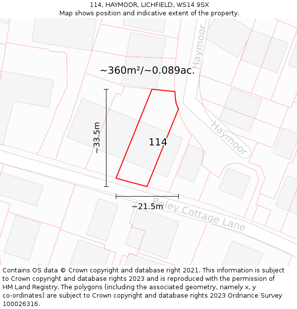 114, HAYMOOR, LICHFIELD, WS14 9SX: Plot and title map