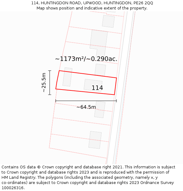 114, HUNTINGDON ROAD, UPWOOD, HUNTINGDON, PE26 2QQ: Plot and title map