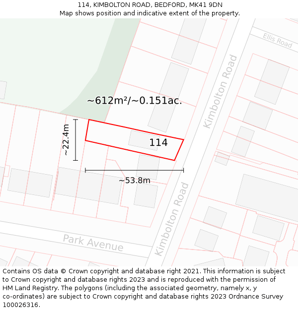 114, KIMBOLTON ROAD, BEDFORD, MK41 9DN: Plot and title map