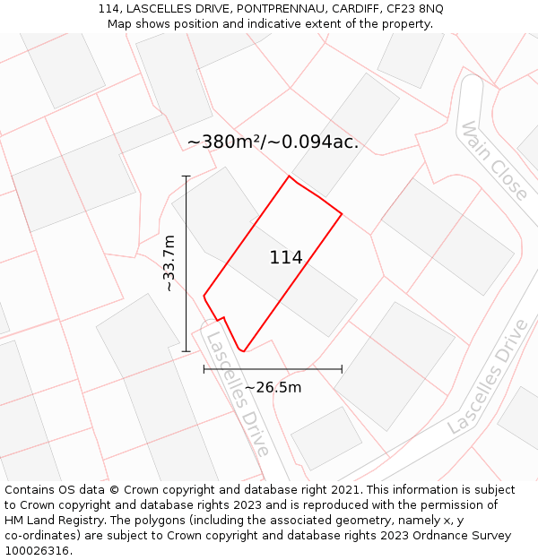 114, LASCELLES DRIVE, PONTPRENNAU, CARDIFF, CF23 8NQ: Plot and title map