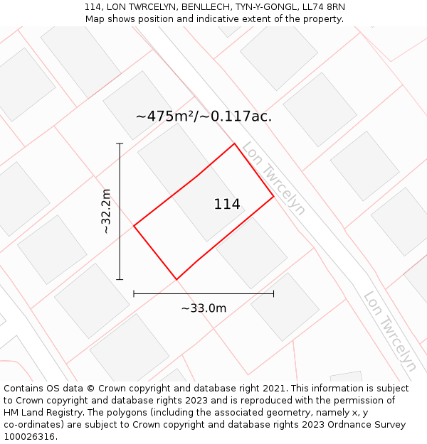 114, LON TWRCELYN, BENLLECH, TYN-Y-GONGL, LL74 8RN: Plot and title map