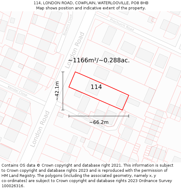 114, LONDON ROAD, COWPLAIN, WATERLOOVILLE, PO8 8HB: Plot and title map