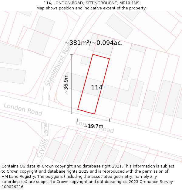 114, LONDON ROAD, SITTINGBOURNE, ME10 1NS: Plot and title map