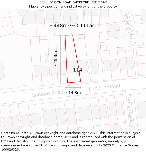 114, LONDON ROAD, WICKFORD, SS12 0AR: Plot and title map