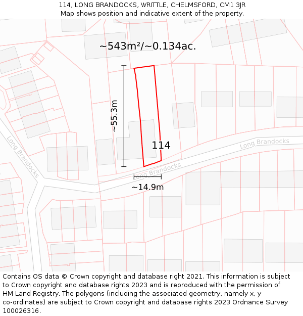 114, LONG BRANDOCKS, WRITTLE, CHELMSFORD, CM1 3JR: Plot and title map