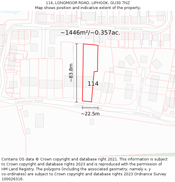 114, LONGMOOR ROAD, LIPHOOK, GU30 7NZ: Plot and title map