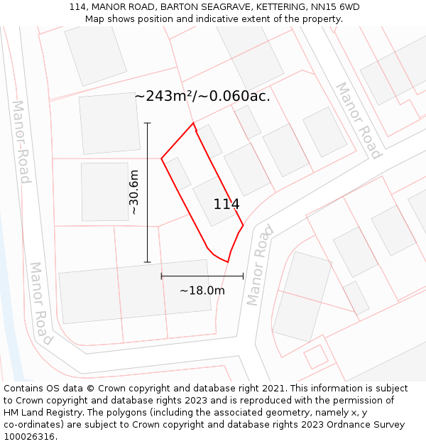 114, MANOR ROAD, BARTON SEAGRAVE, KETTERING, NN15 6WD: Plot and title map