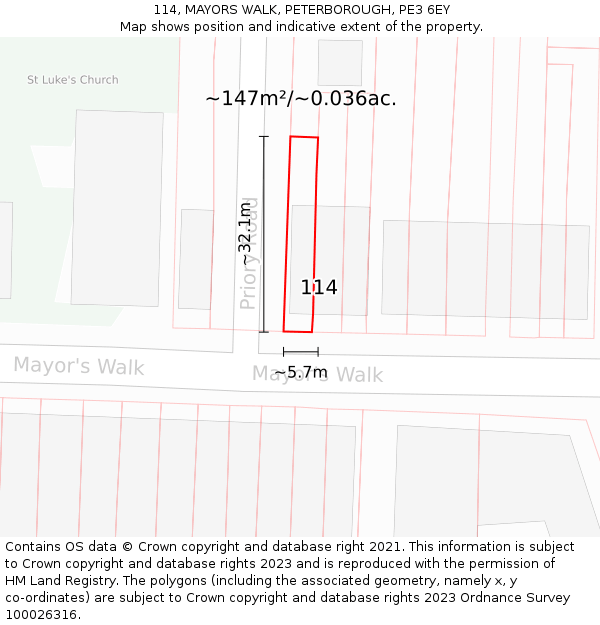 114, MAYORS WALK, PETERBOROUGH, PE3 6EY: Plot and title map