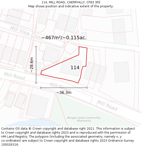 114, MILL ROAD, CAERPHILLY, CF83 3FE: Plot and title map