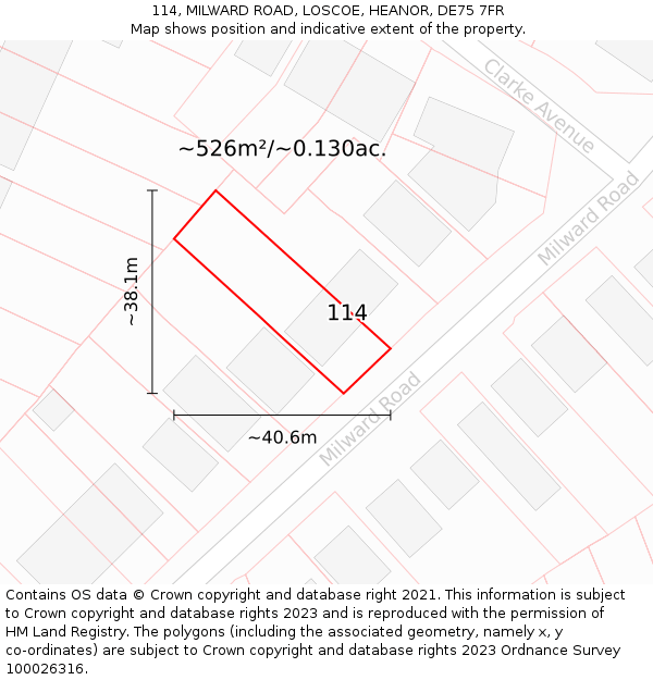 114, MILWARD ROAD, LOSCOE, HEANOR, DE75 7FR: Plot and title map