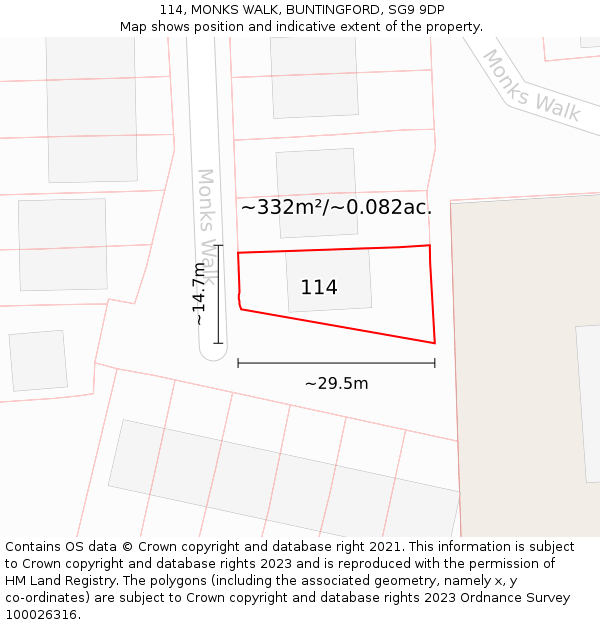 114, MONKS WALK, BUNTINGFORD, SG9 9DP: Plot and title map