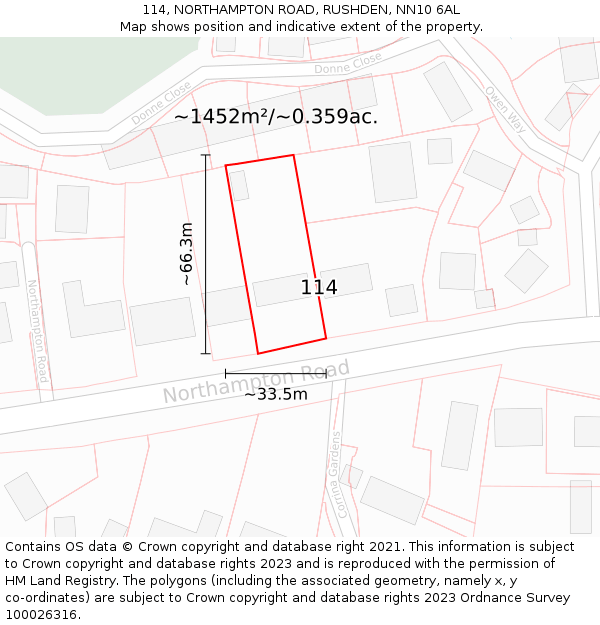 114, NORTHAMPTON ROAD, RUSHDEN, NN10 6AL: Plot and title map