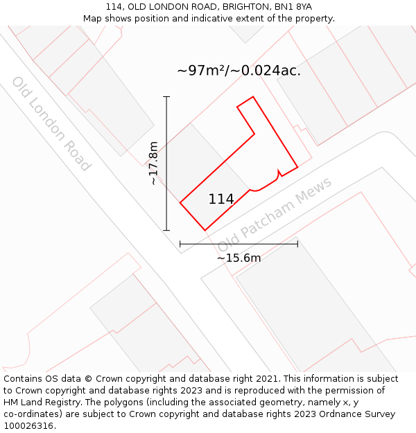 114, OLD LONDON ROAD, BRIGHTON, BN1 8YA: Plot and title map