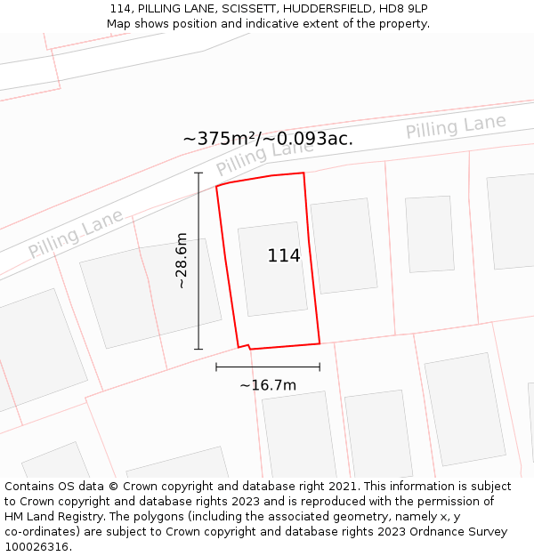 114, PILLING LANE, SCISSETT, HUDDERSFIELD, HD8 9LP: Plot and title map