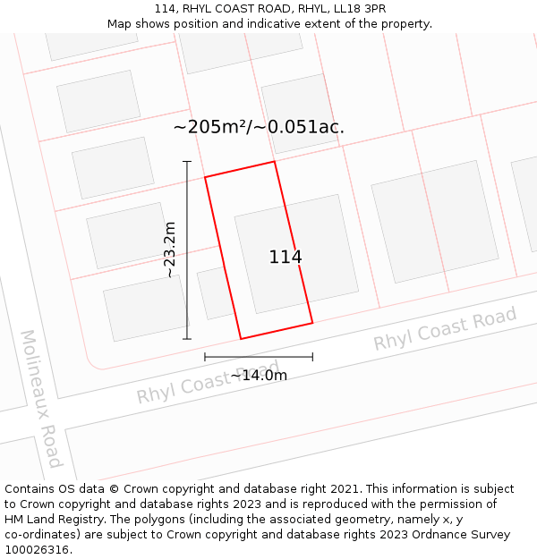 114, RHYL COAST ROAD, RHYL, LL18 3PR: Plot and title map