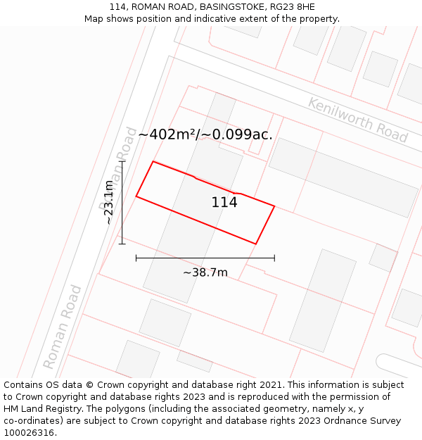 114, ROMAN ROAD, BASINGSTOKE, RG23 8HE: Plot and title map