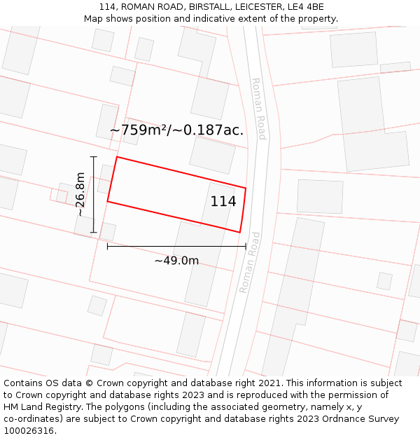 114, ROMAN ROAD, BIRSTALL, LEICESTER, LE4 4BE: Plot and title map