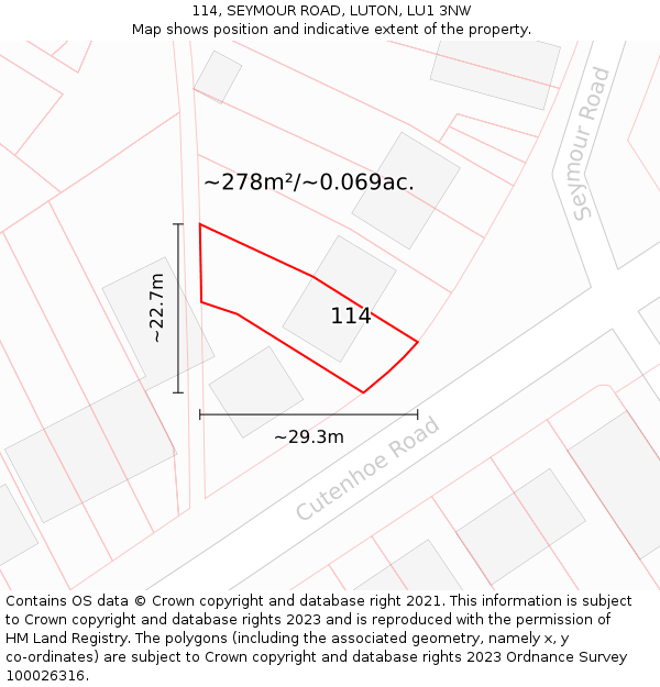 114, SEYMOUR ROAD, LUTON, LU1 3NW: Plot and title map