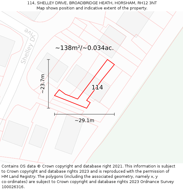 114, SHELLEY DRIVE, BROADBRIDGE HEATH, HORSHAM, RH12 3NT: Plot and title map