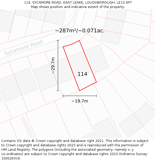 114, SYCAMORE ROAD, EAST LEAKE, LOUGHBOROUGH, LE12 6PT: Plot and title map