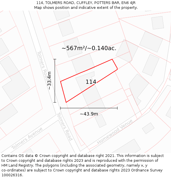 114, TOLMERS ROAD, CUFFLEY, POTTERS BAR, EN6 4JR: Plot and title map