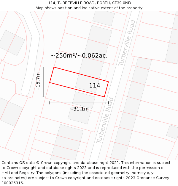 114, TURBERVILLE ROAD, PORTH, CF39 0ND: Plot and title map