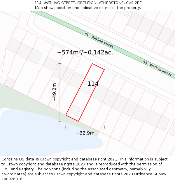 114, WATLING STREET, GRENDON, ATHERSTONE, CV9 2PE: Plot and title map