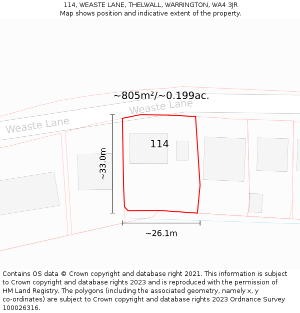 114, WEASTE LANE, THELWALL, WARRINGTON, WA4 3JR: Plot and title map